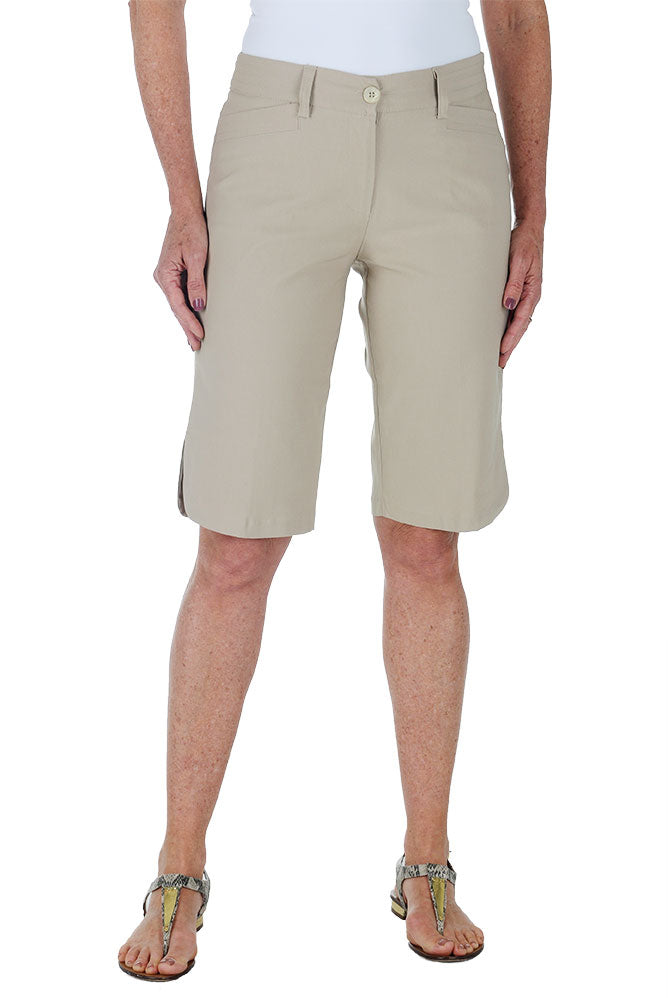 A pair of khaki button-front bermuda shorts with a zip-fly, small front pockets, and a belt loop.