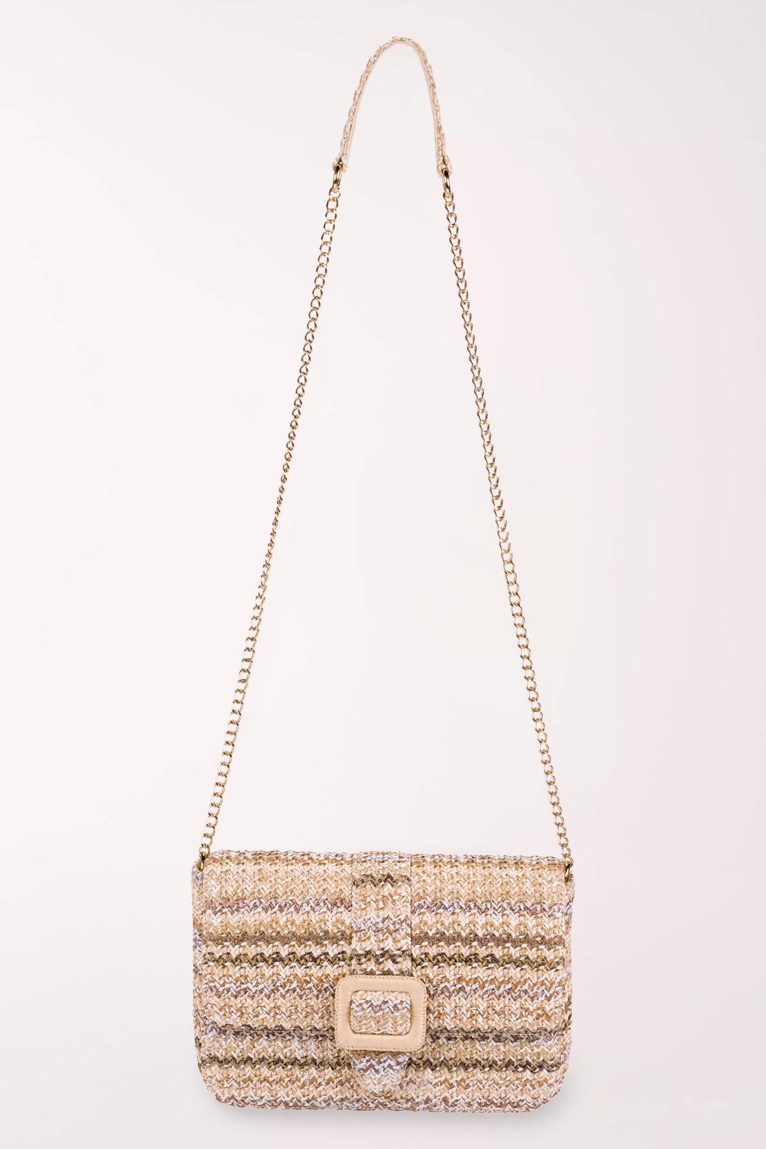 Beige straw handbag with a chain strap on a white background