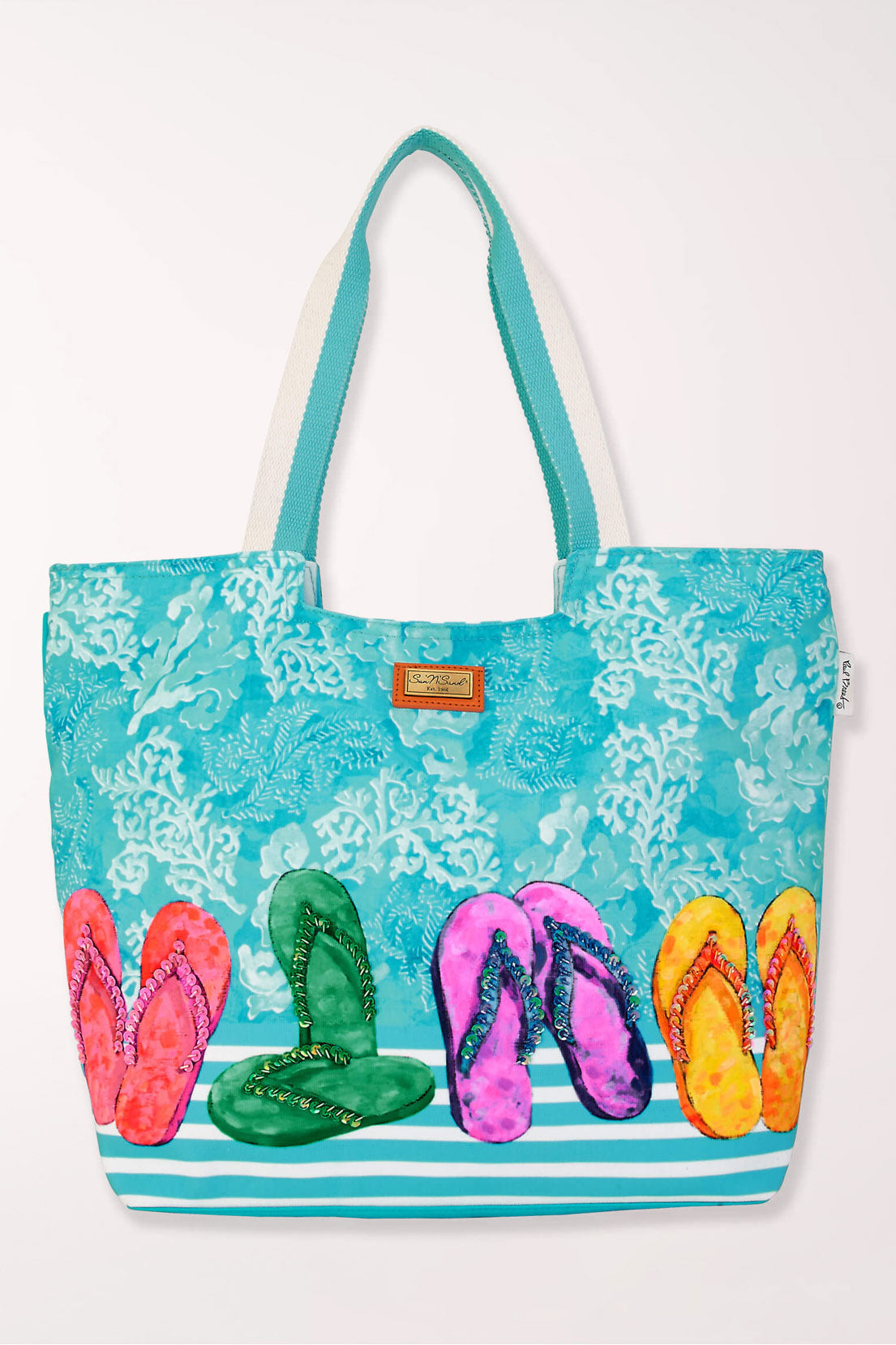Turquoise sequined sandal tote bag