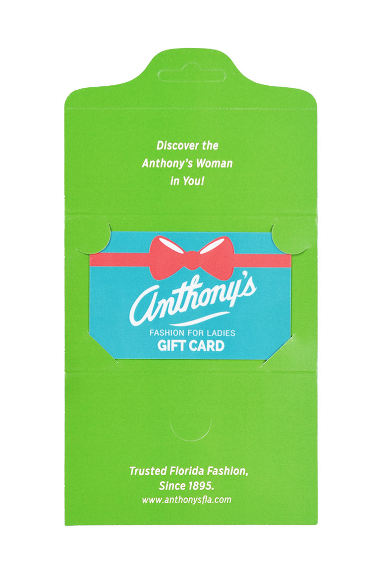 A physical gift card from Anthony's Ladies Apparel with a green envelope and a card that features the brand's logo and a red ribbon.