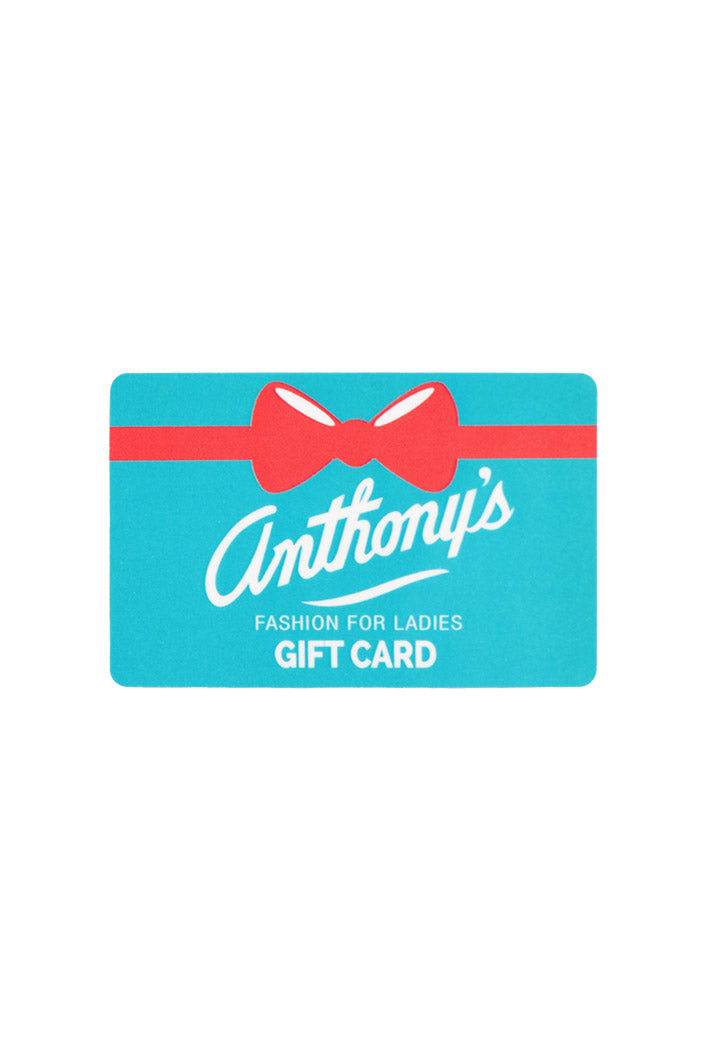 An e-gift card from Anthony's Ladies Apparel with a blue card that features the brand's logo and a red ribbon.
