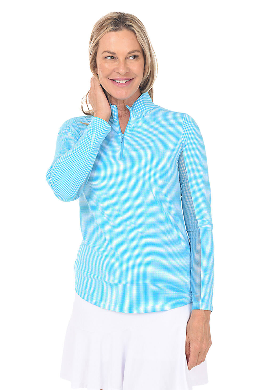 IBKUL Mini Check UPF50+ Sun Shirt in turquoise and white.