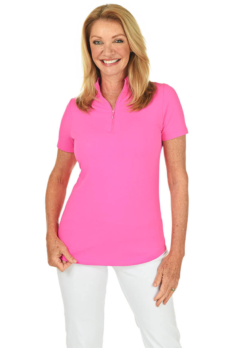 IBKUL Women's Golf Mesh Crew Neck in hot pink.