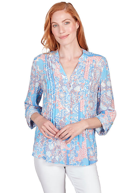Petite Patio Party Pleated Button-Front Shirt