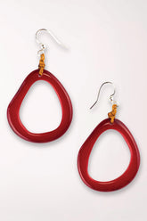 Red teardrop-shaped earrings on a white background