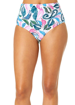 Colorful leaf-patterned high-waisted bikini bottom on a white background