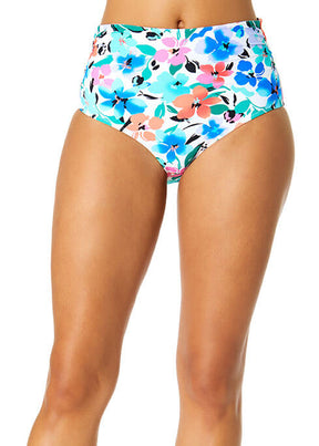 Colorful floral-patterned bikini bottom on a white background