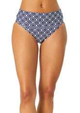 Blue and white patterned bikini bottom on a white background