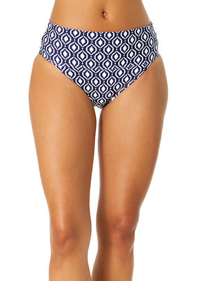 Blue and white patterned bikini bottom on a white background