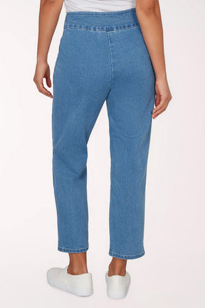 Blue jeans with butterfly embroidery on a white background