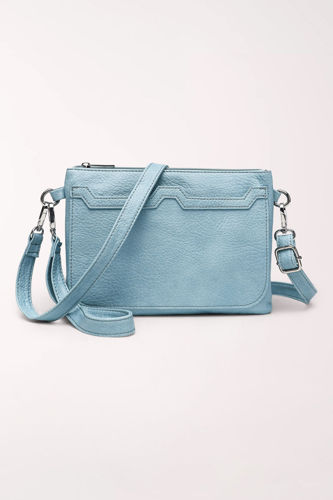 The baby blue 22 Tote Two-Sided Crossbody Bag shown from the back with the crossbody strap attached.
