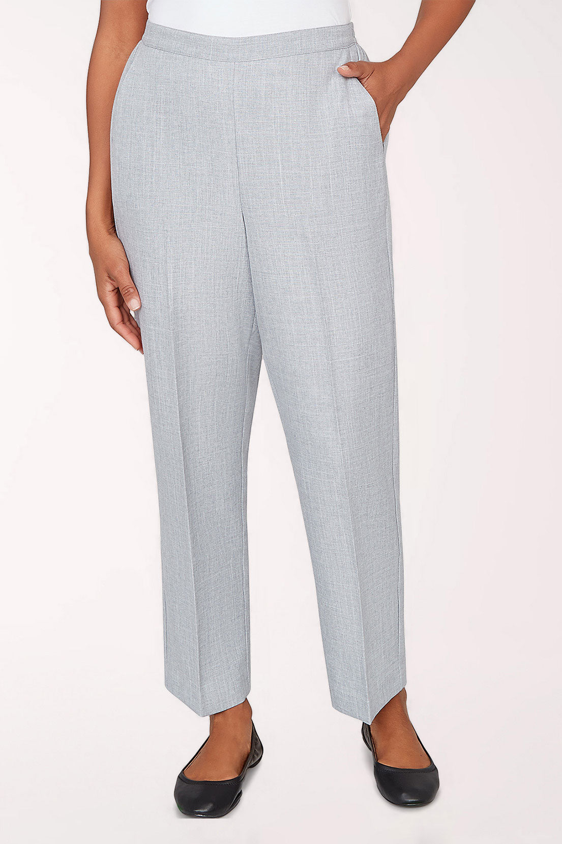 Light gray checkered pants worn by a person on a white background