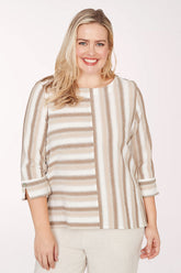 Woman wearing a beige and brown striped top on a white background