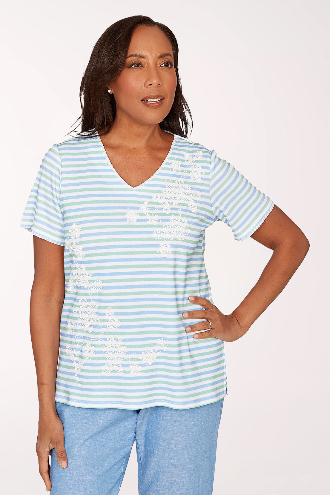 Petite Caribbean Blues Floral Striped V-Neck Top