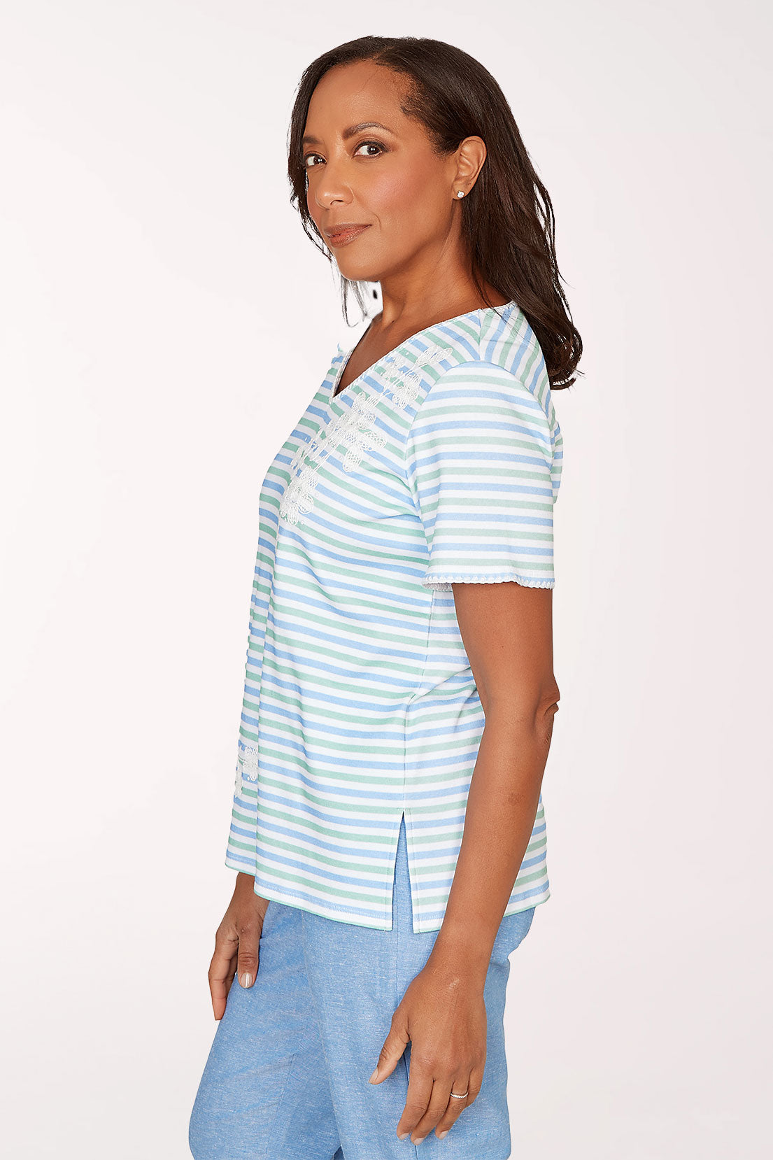 Petite Caribbean Blues Floral Striped V-Neck Top