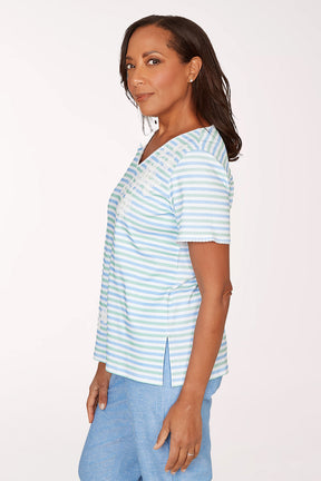 Petite Caribbean Blues Floral Striped V-Neck Top