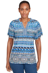 Tinted Tides Embroidered Puff Print Top