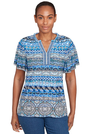 Tinted Tides Embroidered Puff Print Top