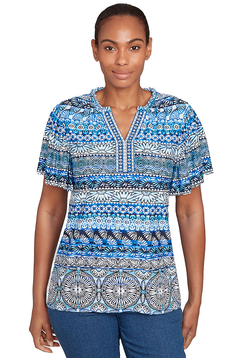 Tinted Tides Embroidered Puff Print Top