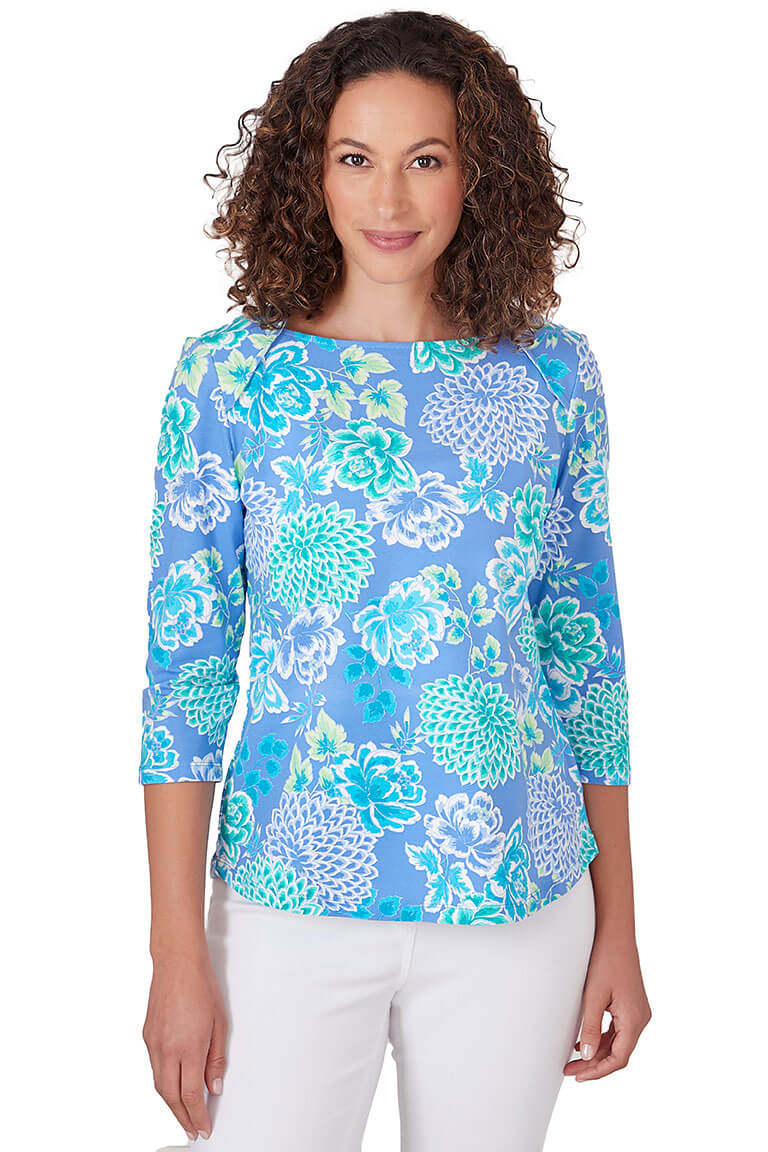 Bali Blue Chrysanthemum Knit Top