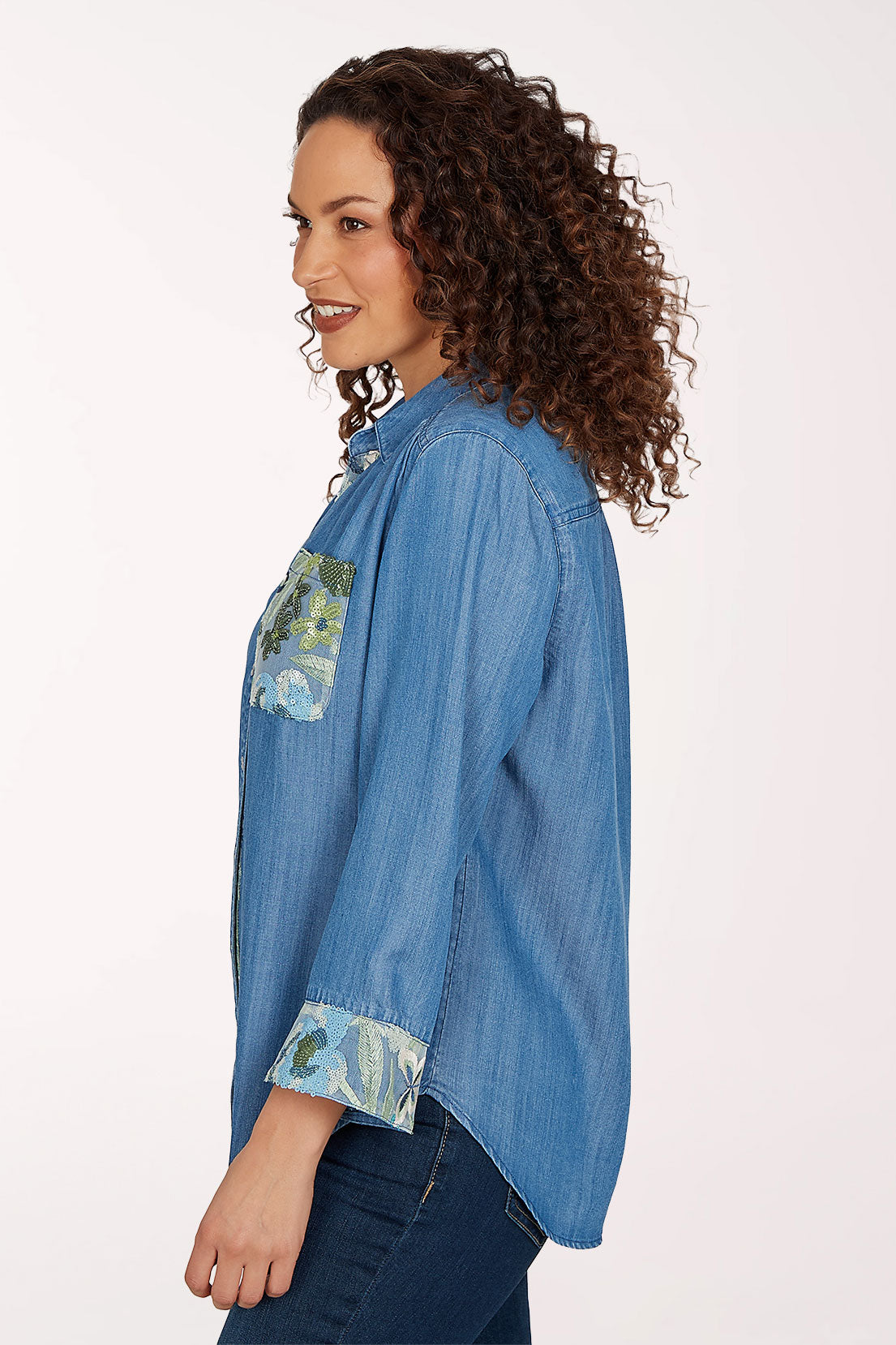 Woman wearing a chambray top