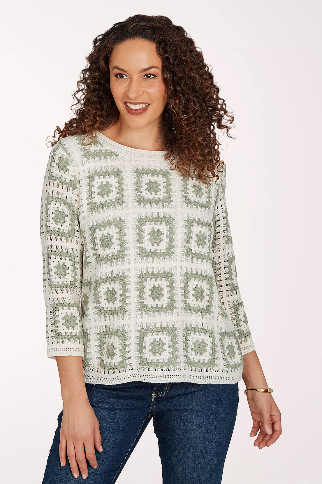 Woman wearing a crochet top