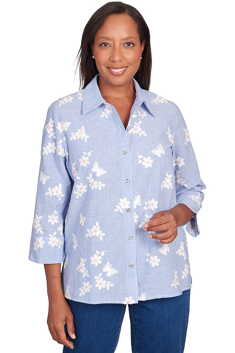 In Full Bloom Embroidered Pinstripe Shirt