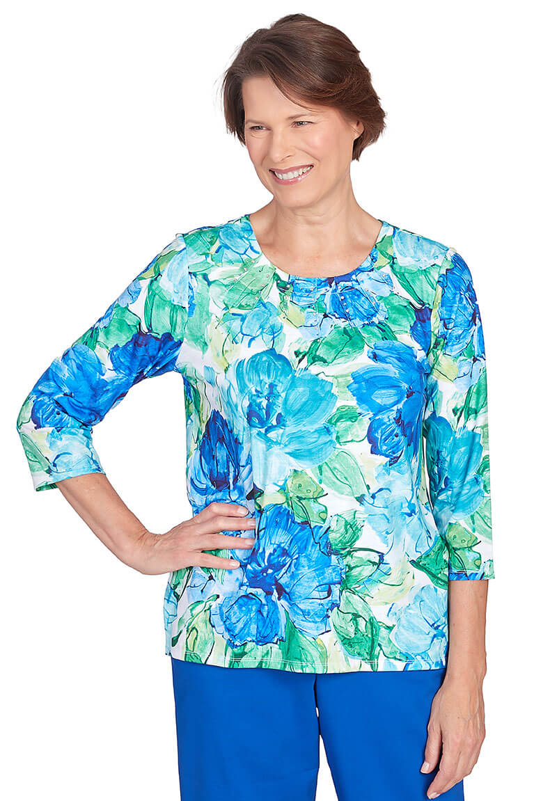 Tradewinds Watercolor Floral Pleated Neck Top