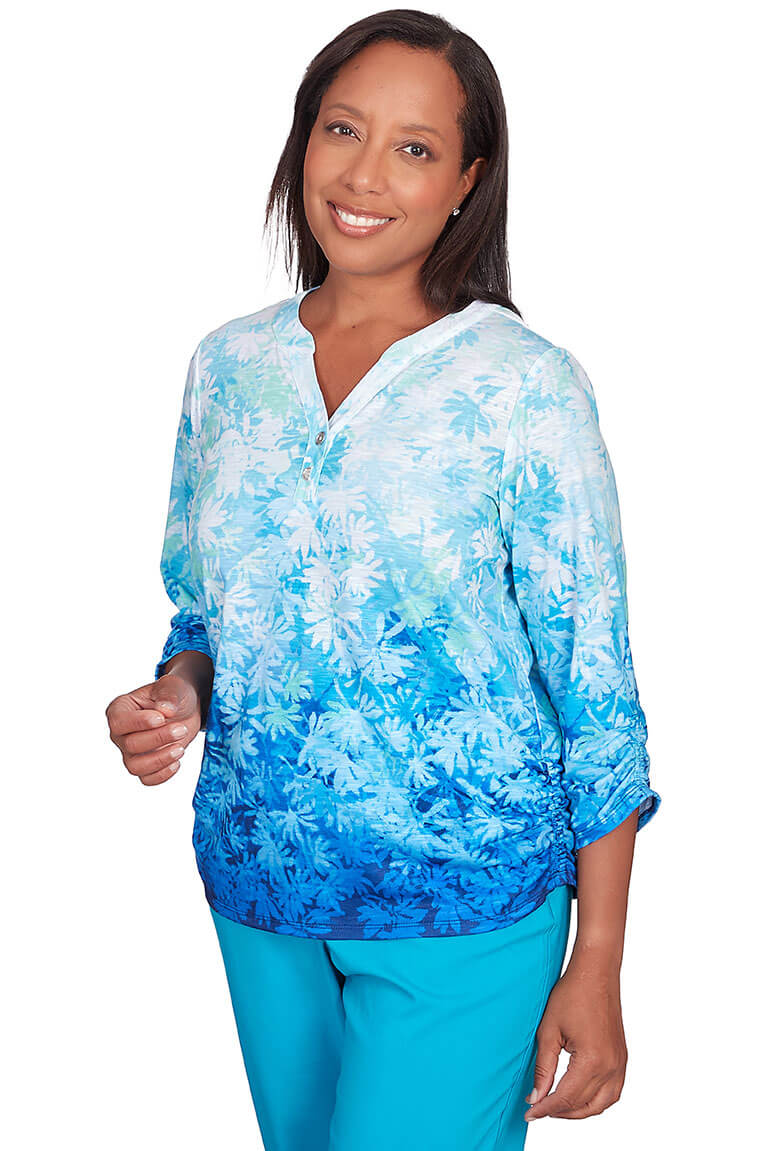 Tradewinds Ombre Leaves Ruched Sleeve Top