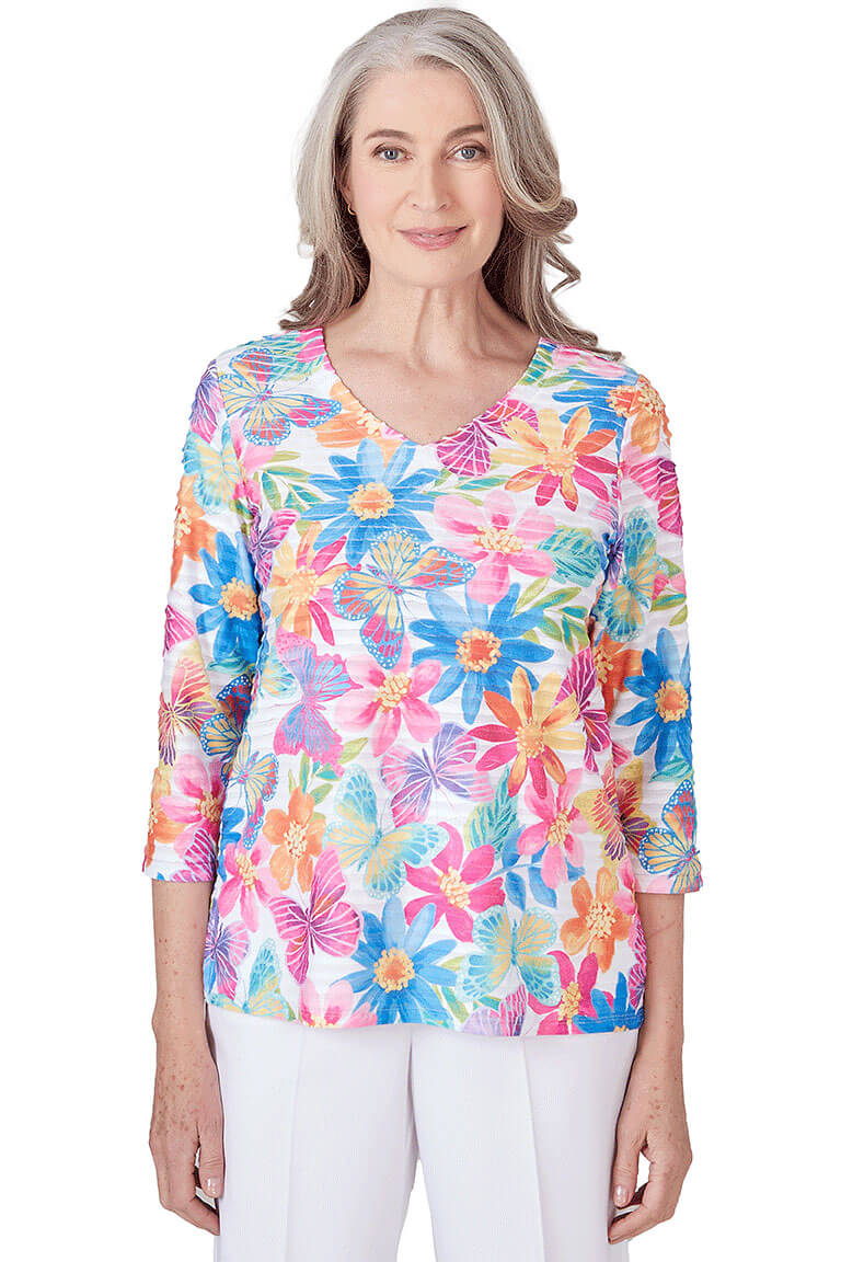 Paradise Island Floral Stripe Textured Top