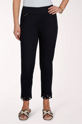 Black pants with scalloped hem on a white background