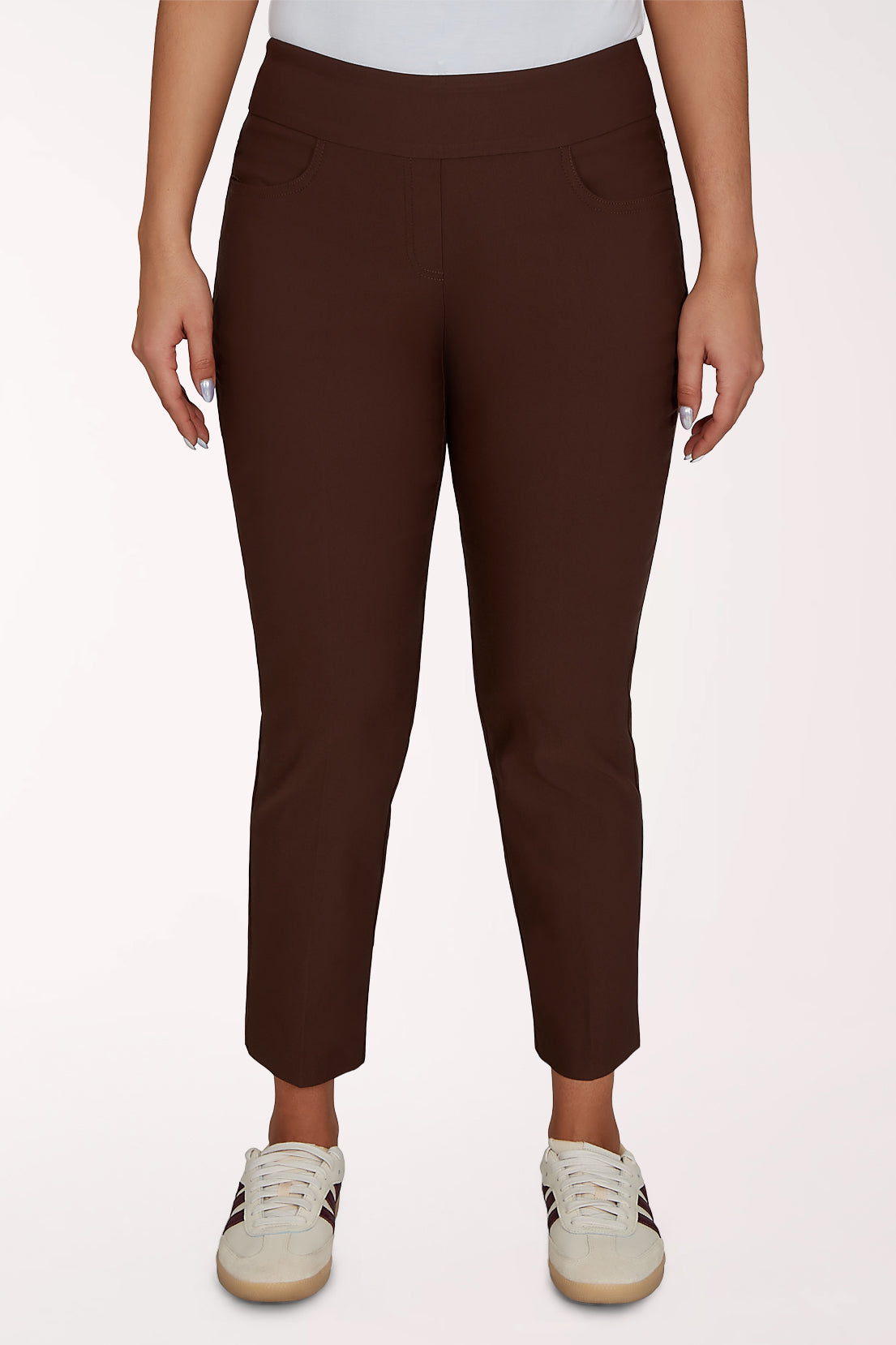 Woman wearing dark chocolate brown pants