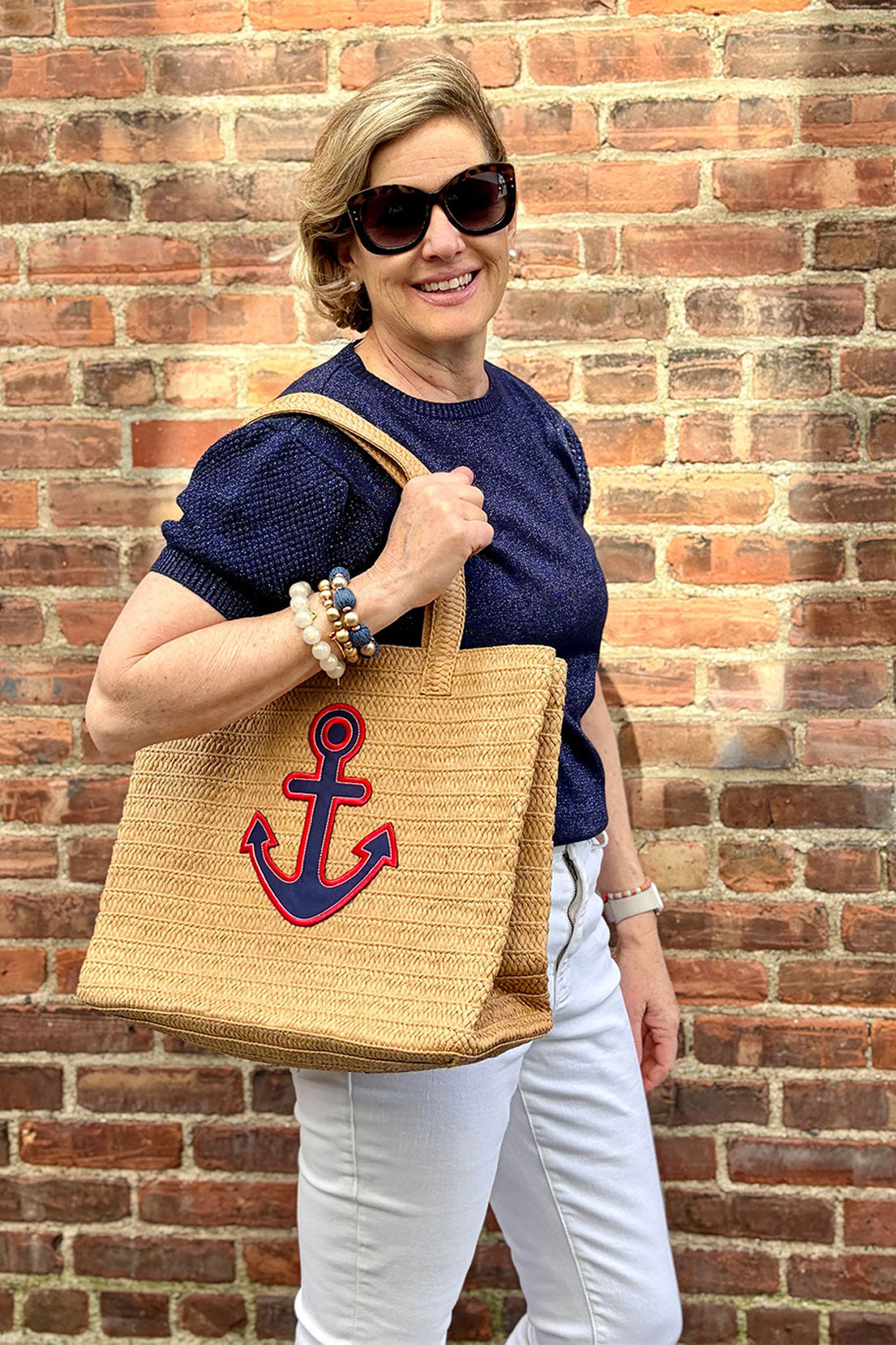 Woven tote bag with a navy anchor