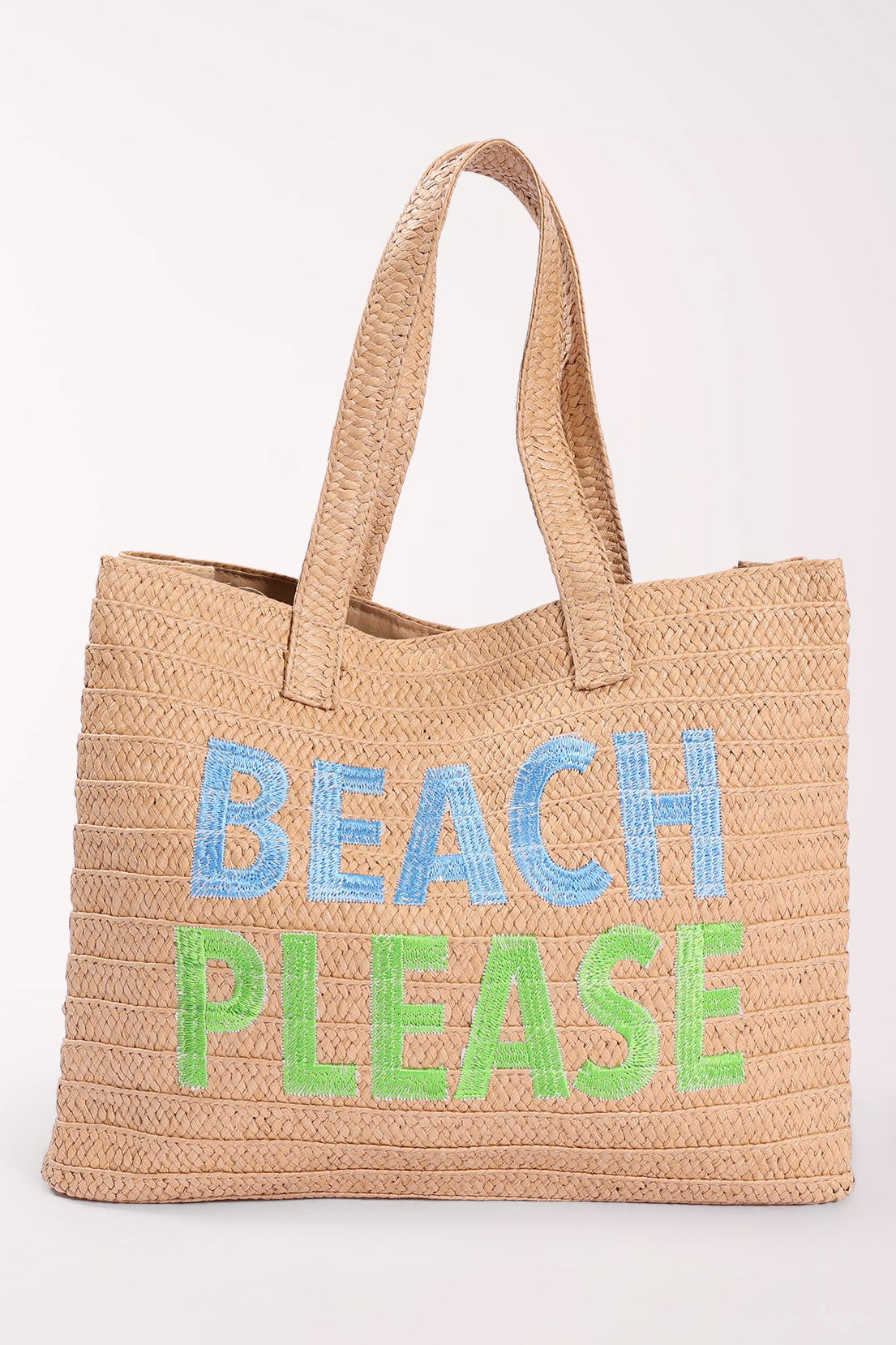 Woven tote bag with the words "Beach Please"