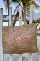 Woven tote bag with pink starfish