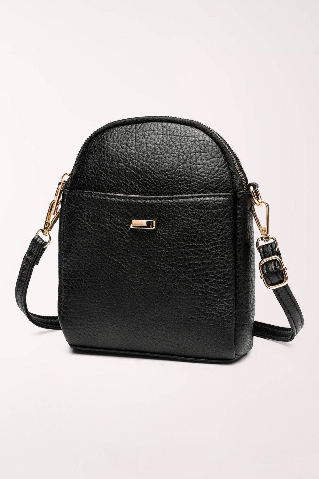 Angled front view of the black 22 Tote Four-Pocket Crossbody Bag showing the rounded top, front slip pocket and gold strap clips.