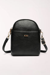 Front view of the 22 Tote Four-Pocket Crossbody Bag in black pebbled faux leather: a small bag with a rounded top, a front slip pocket with a gold logo plate, gold hardware and an adjustable crossbody strap.
