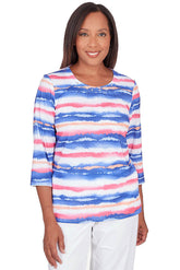 Watercolor Stripe Pleated Neck Knit Top