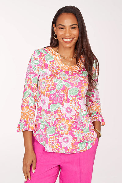 Hothouse Florals Puff Printed Horsehoe Neck Top | Ruby Rd.