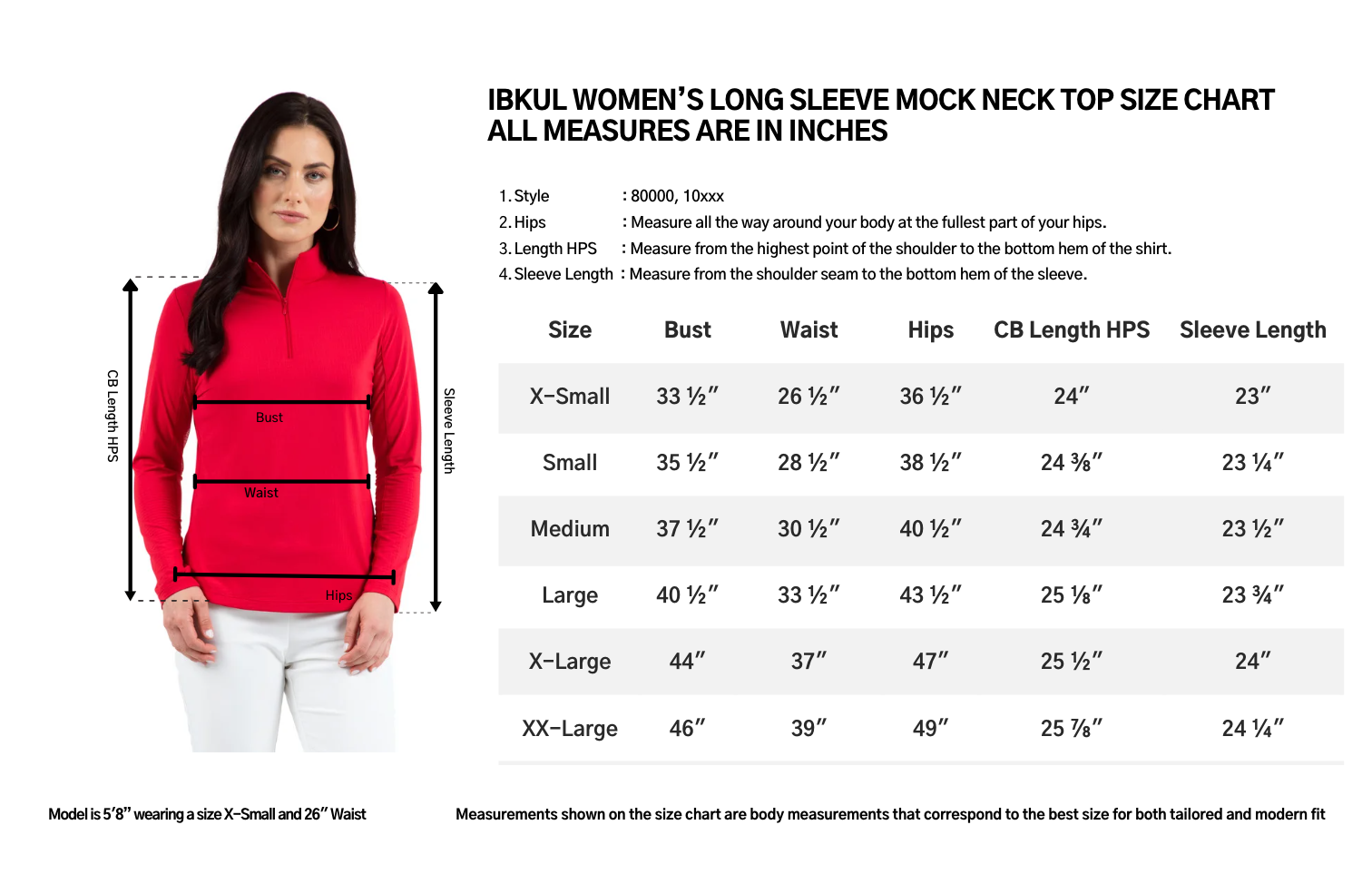 Size chart for a women's long sleeve mock neck top with a model wearing the top.