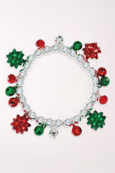 Periwinkle Festive Bows And Jingle Bells Bracelet, a silver bead stretch bracelet with dangling red and green gift bows and red, green and silver jingle bells.