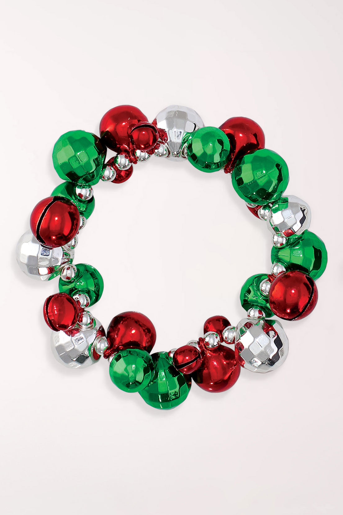 Periwinkle Christmas Jingle Bells Bracelet, a stretch bracelet covered in shiny red, green and silver jingle bells.