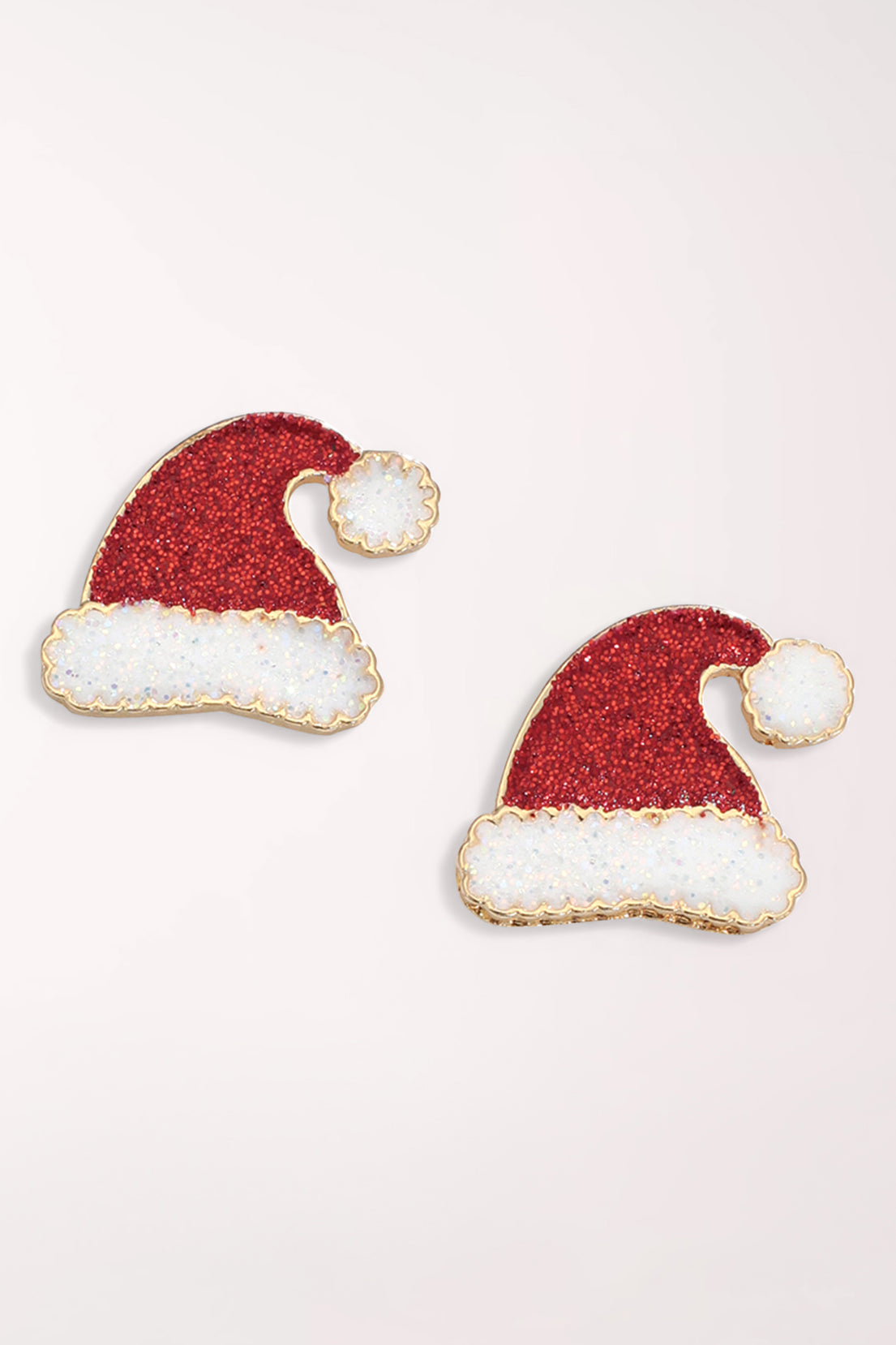 Pair of Periwinkle Sparkling Santa Hats Earrings: red glitter enamel Santa hat studs with white glitter trim and pompoms and gold-tone edges.