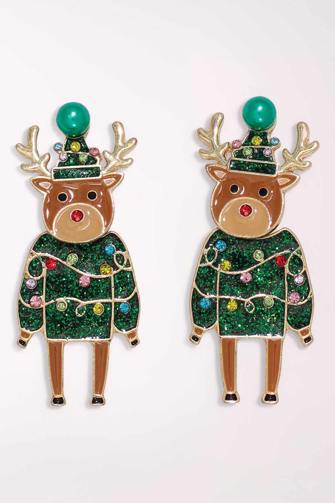 Pair of Periwinkle Sparkly Crystal Enamel Reindeer Earrings: brown enamel reindeer with gold-tone antlers wearing sparkly green holiday sweaters strung with colorful crystal lights and green knit hats topped with a green faux pearl.