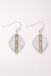 Pair of Periwinkle Brushed Silver And Gold Beaded Earrings on silver-tone French hooks: diamond-shaped brushed silver drops with a single vertical row of small gold beads down the center.
