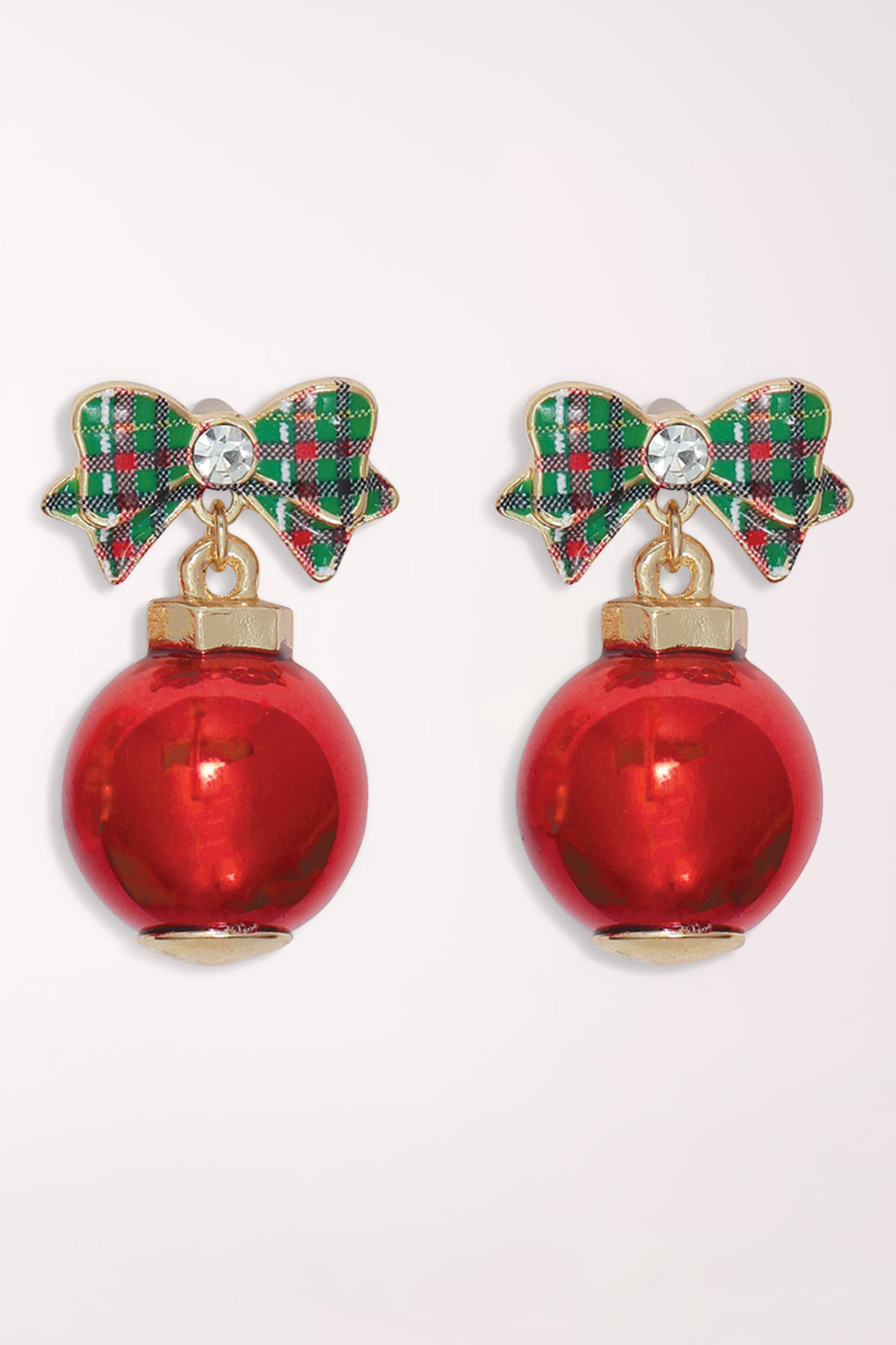 Pair of Periwinkle Lovely Baubles And Plaid Bow Earrings: green, red and white plaid enamel bow studs with a crystal center, each holding a glossy red ornament ball with a gold-tone cap.