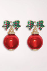 Pair of Periwinkle Lovely Baubles And Plaid Bow Earrings: green, red and white plaid enamel bow studs with a crystal center, each holding a glossy red ornament ball with a gold-tone cap.