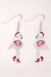 Pair of Periwinkle Bejeweled Holiday Party Flamingo Earrings on silver-tone French hooks: pink enamel flamingos with a pink crystal body, a red Santa hat and red boots.