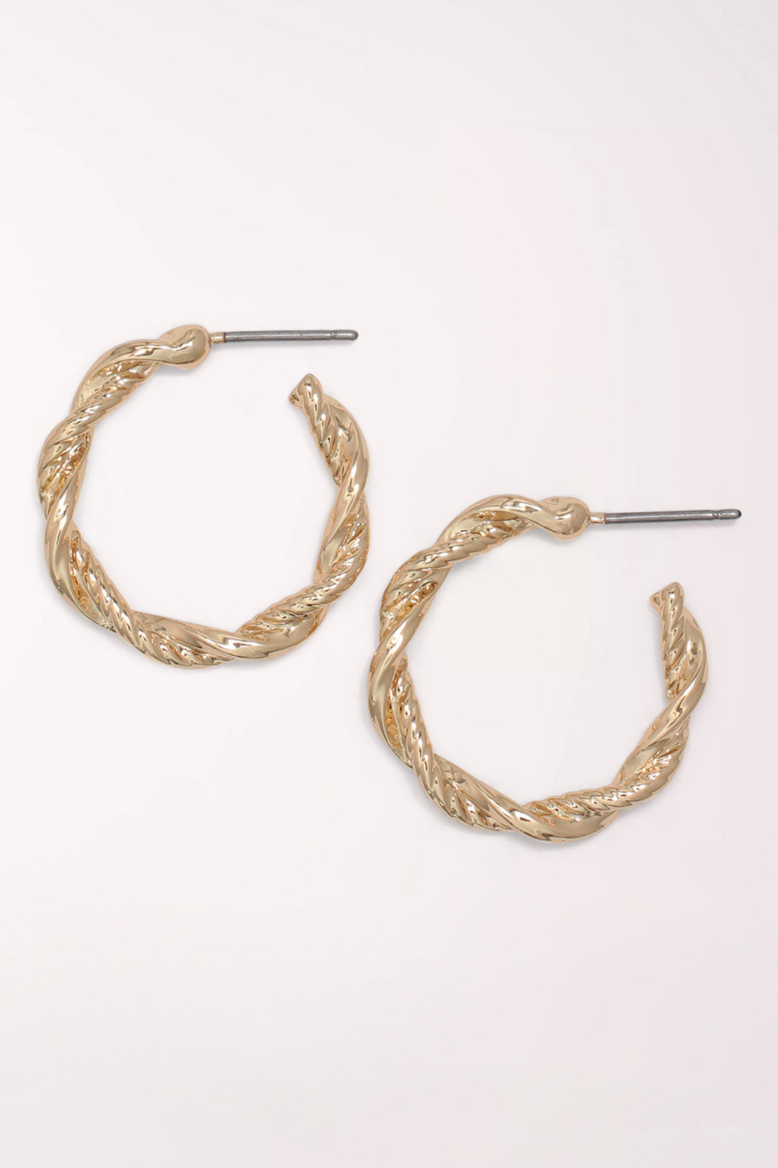 Pair of Periwinkle Gold Textured Twist Hoop Earrings: gold-tone open hoops with a rope-twist texture on posts.