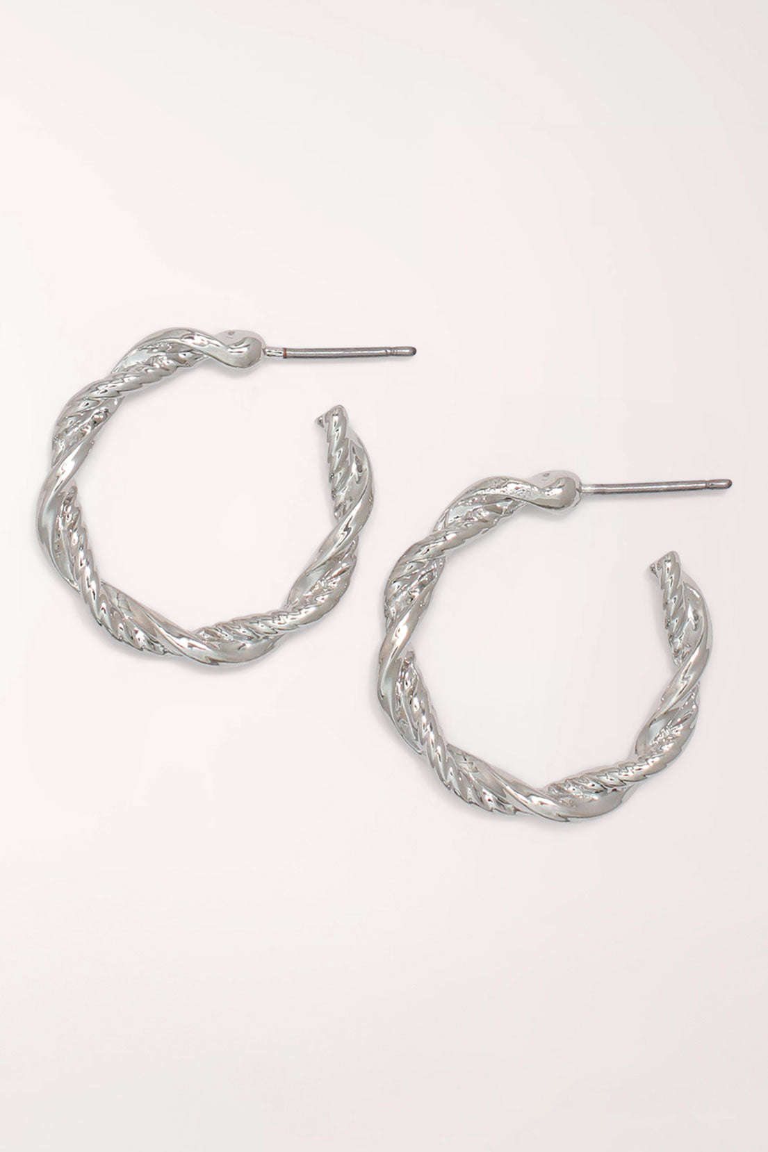 Pair of Periwinkle Silver Textured Twist Hoop Earrings: silver-tone open hoops with a rope-twist texture on posts.